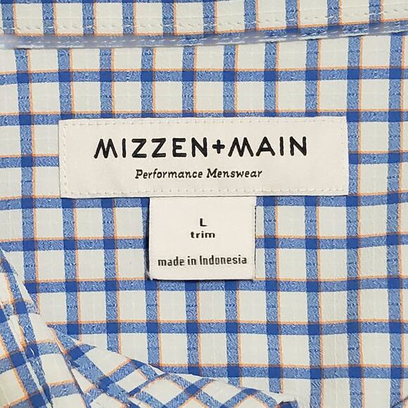 Mizzen + Main Leeward Performance Trim Dress Shirt Blue Orange Gingham Sz Large - Picture 7 of 14